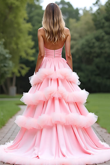 Rose Une ligne chérie longue robe de bal en tulle à volants
